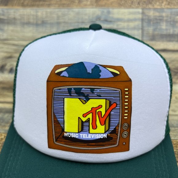 MTV Mens Trucker Hat Dark Green Snapback TV Globe Retro Television 90s Nostalgia - Picture 3 of 8